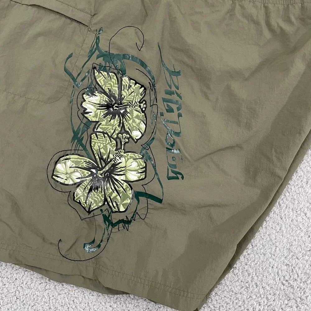 Vintage‎ Big Dogs Swim Trunks Men 2XL Olive Hibiscus Beach Surf Cargo